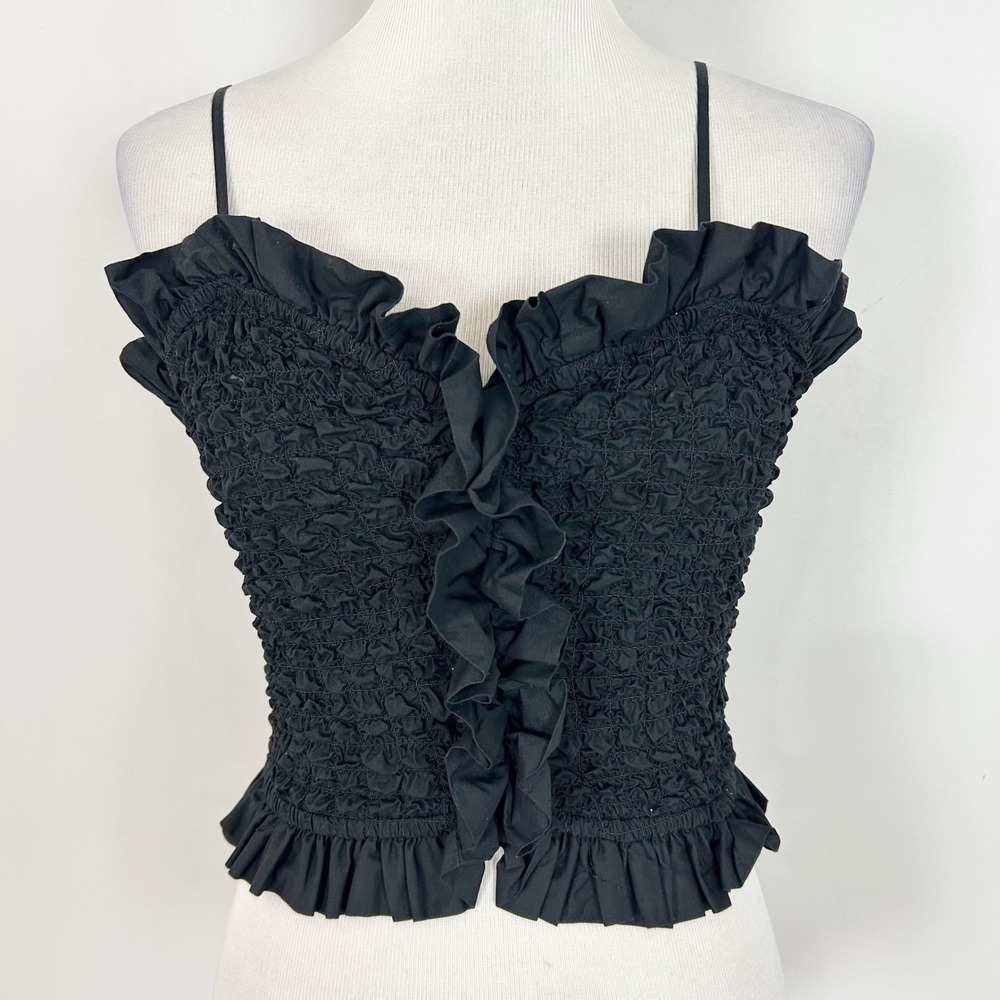 Zara Smocked Cami Crop Top Black Ruffle Trim Cotton Size Small Women's